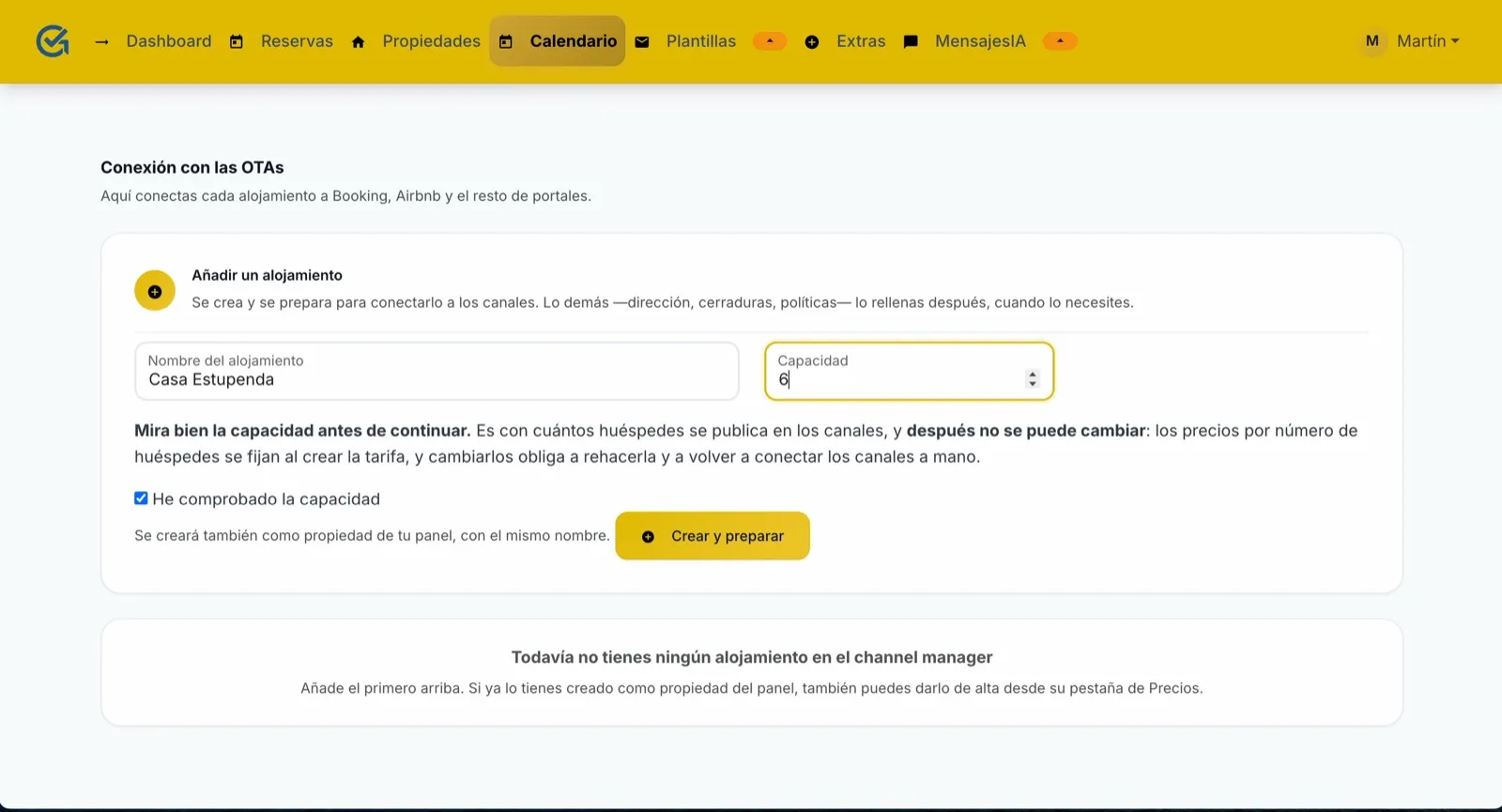 Formulario Añadir un alojamiento en el channel manager con nombre, capacidad y la casilla He comprobado la capacidad