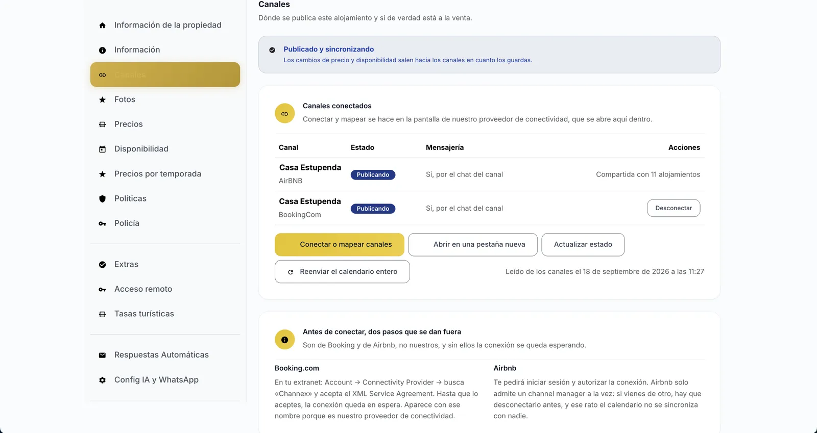 Pantalla Canales con el aviso Publicado y sincronizando y los canales de Airbnb y Booking publicando
