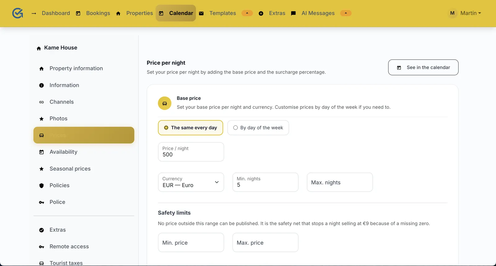 Price per night screen of the channel manager with the base price and the minimum nights