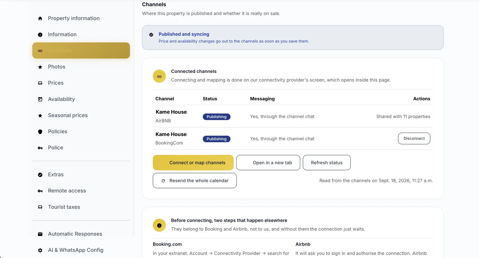 Channels screen with the Published and syncing notice and the Airbnb and Booking.com channels publishing