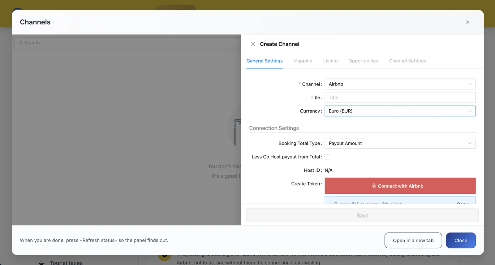 Create Channel window with Airbnb selected and the Connect with Airbnb button
