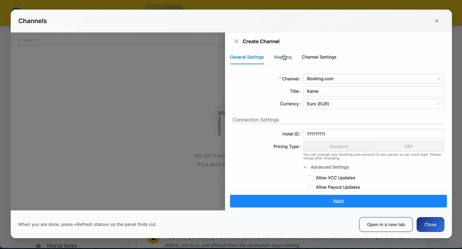 Create Channel window with Booking.com selected, the Hotel ID field and the Next button
