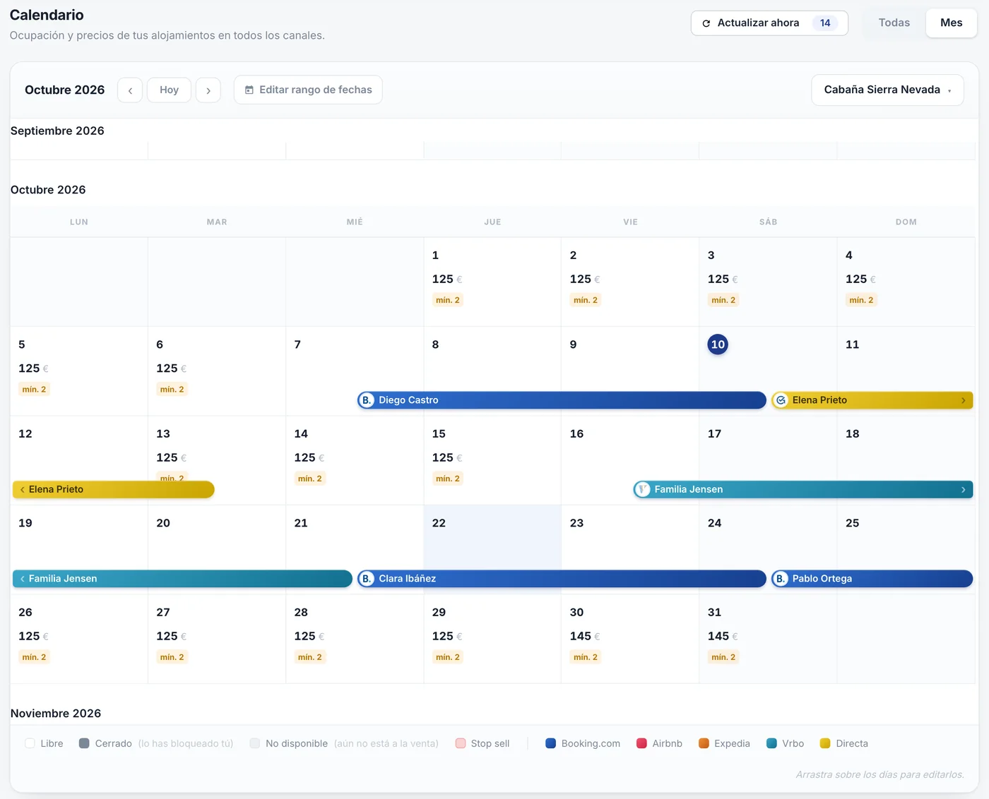 Calendario de un alojamiento con reservas de Booking.com, Vrbo y directas