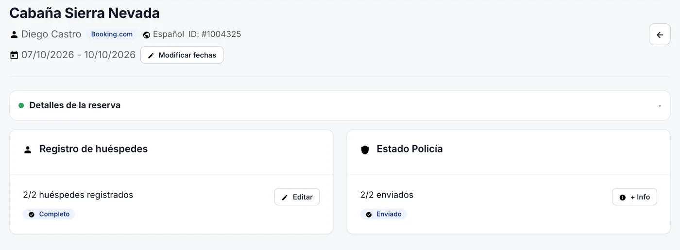 Ficha de una reserva con los huéspedes registrados y el parte enviado
